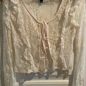 Lace Sheer Women’s Cardigan Top Y2K XS Front Tie Cottage Core Coquette Fairy